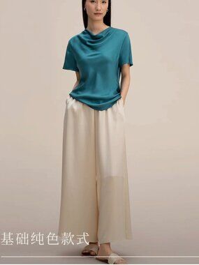 LILYSILK Mulberry Silk Wide-Leg Pants Gravel Gold Size S  Elegant Elastic Waist